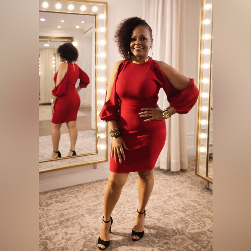 Super Sexy Red Midi Dress with Sexy Open Sleeves